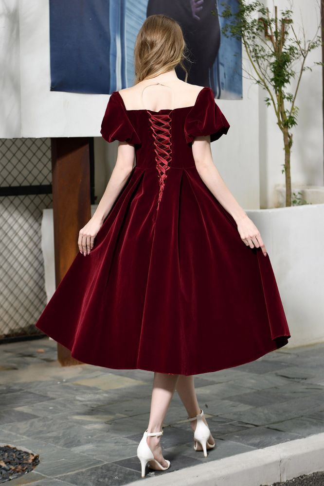 Knöchellanges Samtkleid mit Puffärmeln, tiefem V-Ausschnitt, Vintage-Partykleid