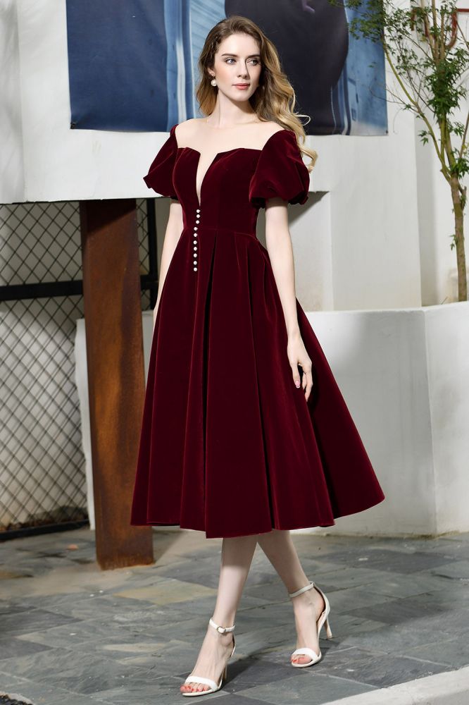 Knöchellanges Samtkleid mit Puffärmeln, tiefem V-Ausschnitt, Vintage-Partykleid