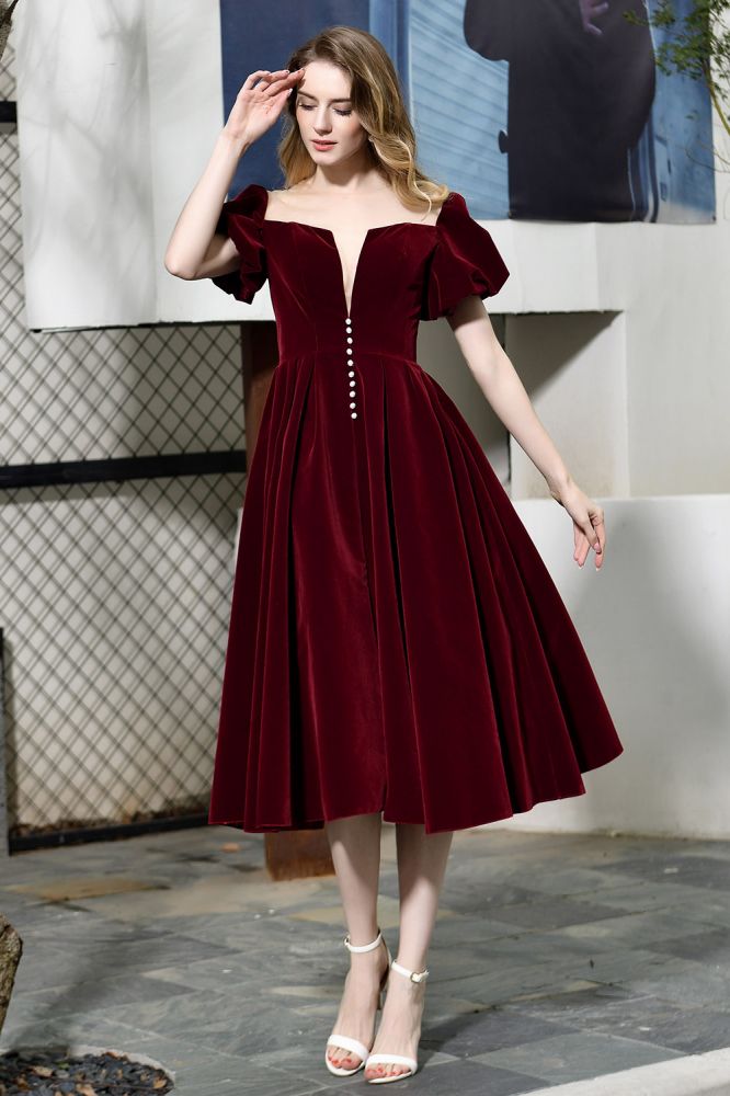 Knöchellanges Samtkleid mit Puffärmeln, tiefem V-Ausschnitt, Vintage-Partykleid