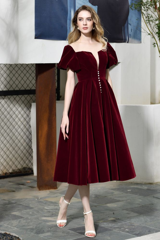 Knöchellanges Samtkleid mit Puffärmeln, tiefem V-Ausschnitt, Vintage-Partykleid