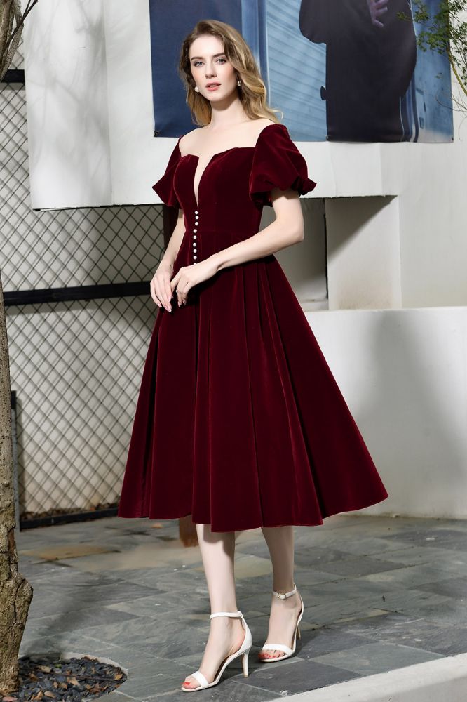Knöchellanges Samtkleid mit Puffärmeln, tiefem V-Ausschnitt, Vintage-Partykleid