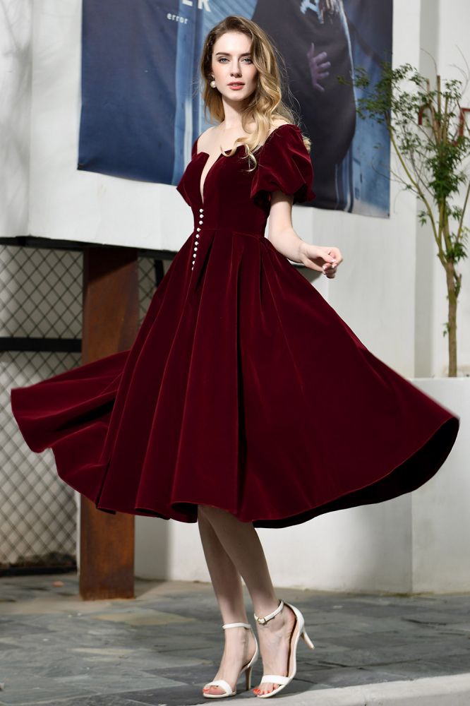Knöchellanges Samtkleid mit Puffärmeln, tiefem V-Ausschnitt, Vintage-Partykleid