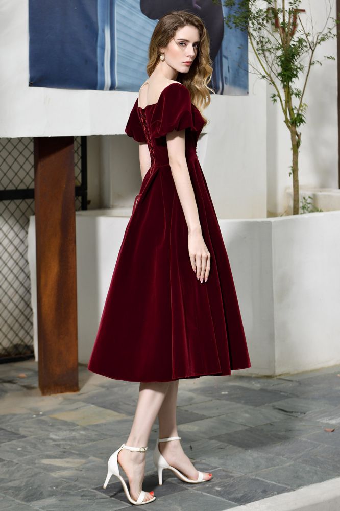 Knöchellanges Samtkleid mit Puffärmeln, tiefem V-Ausschnitt, Vintage-Partykleid
