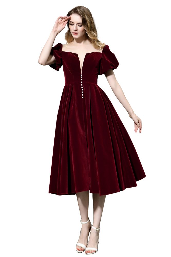 Knöchellanges Samtkleid mit Puffärmeln, tiefem V-Ausschnitt, Vintage-Partykleid