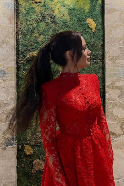 Rotes A-Linien-Cocktailkleid mit kurzen Ärmeln und Spitze