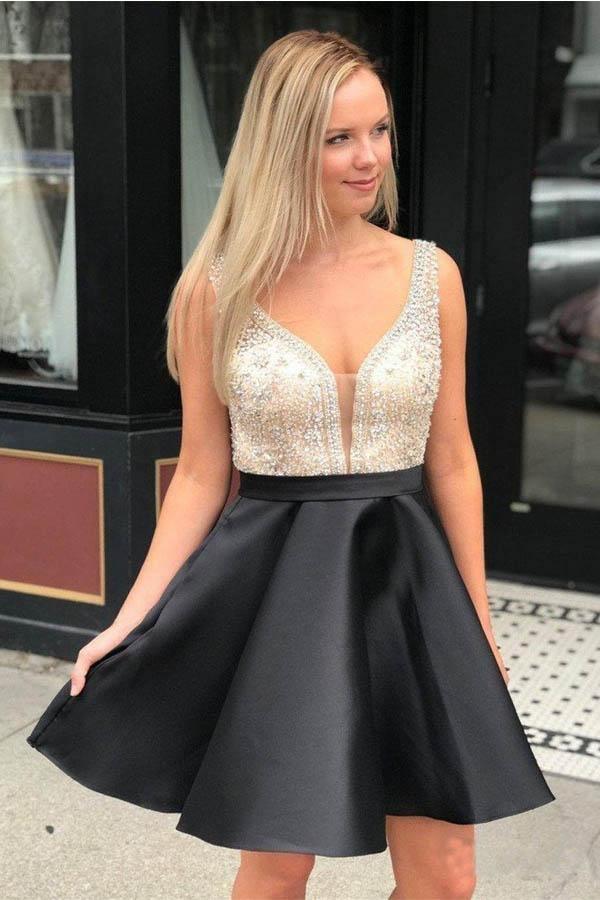 Red Beaded Satin Homecoming Dresses with Pocket Short Prom Dresses