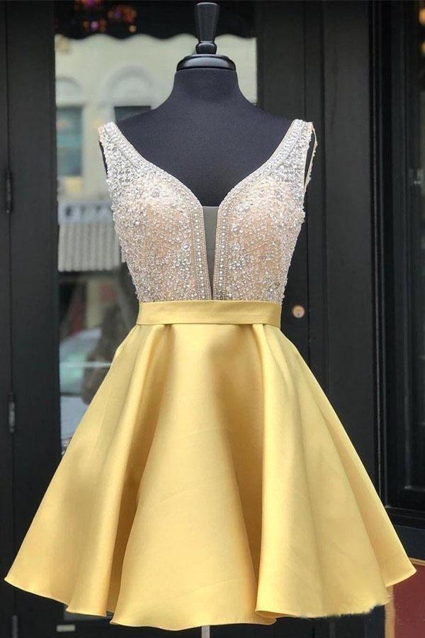 Red Beaded Satin Homecoming Dresses with Pocket Short Prom Dresses