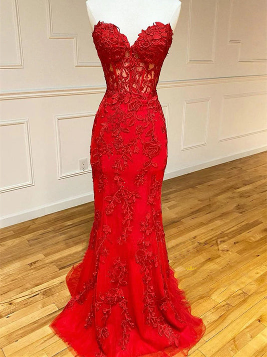 Rotes langes Meerjungfrau-Abendkleid mit Herzausschnitt und offenem Rücken und Spitze