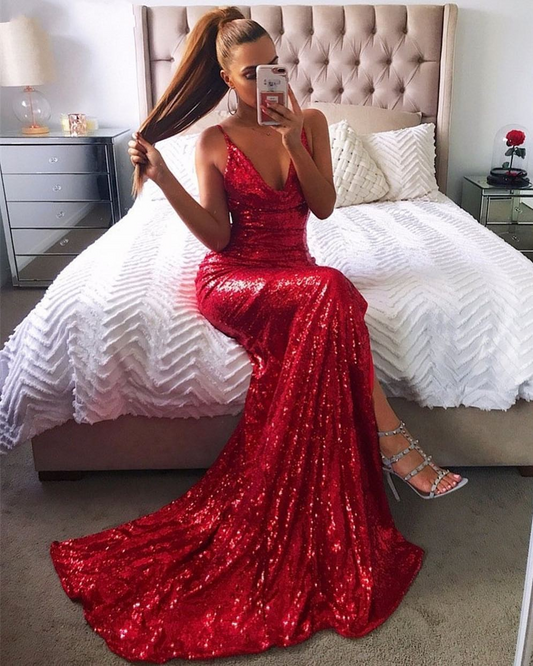 Rotes, langes, rückenfreies Meerjungfrau-Ballkleid mit V-Ausschnitt und Pailletten