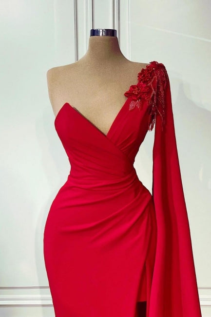 Vestido de fiesta rojo de satén estilo sirena, sin mangas, con un solo hombro y volantes, largo hasta el suelo