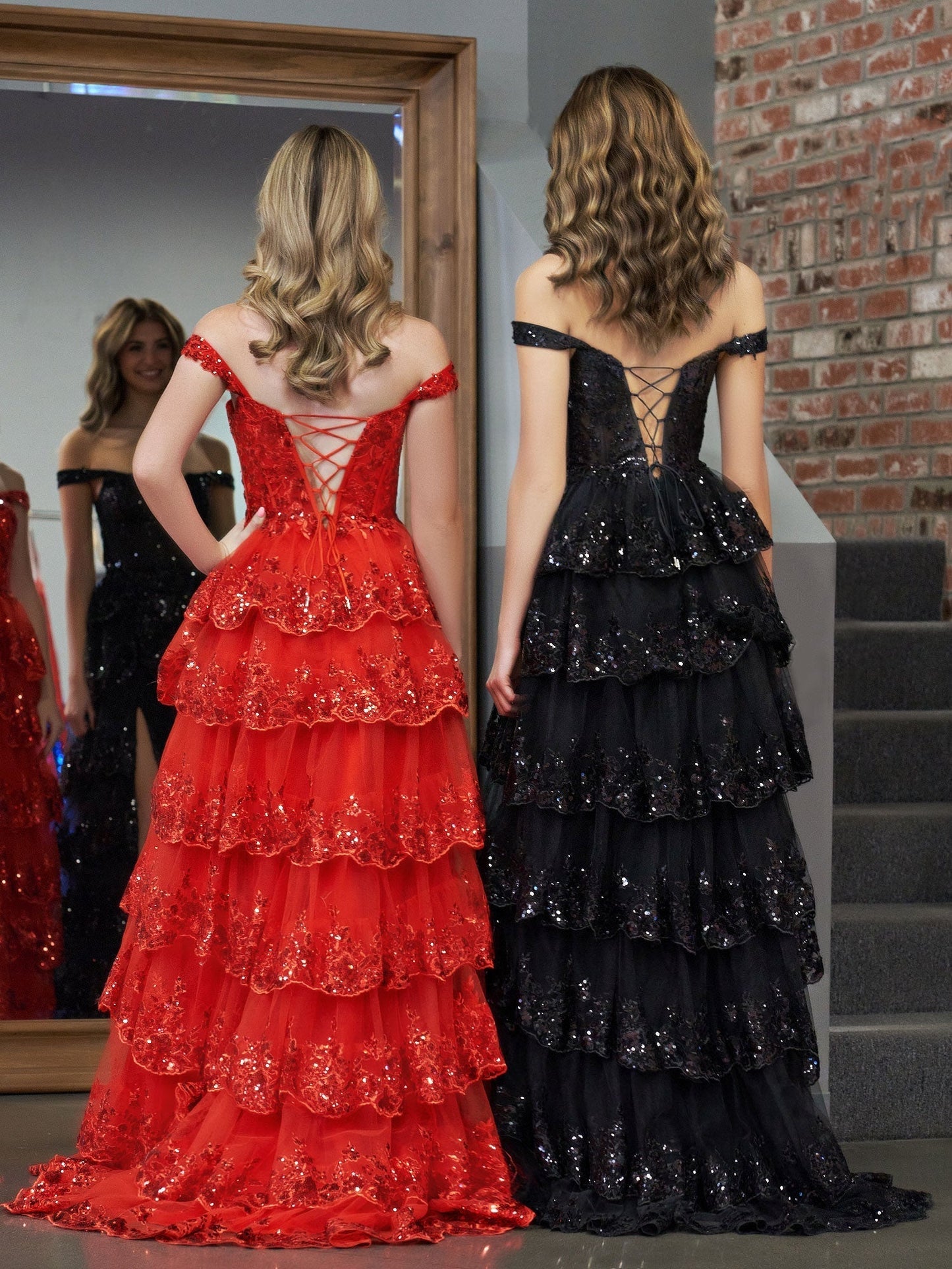 A Line Off the Shoulder Corset Prom Dress with Lace Ruffles