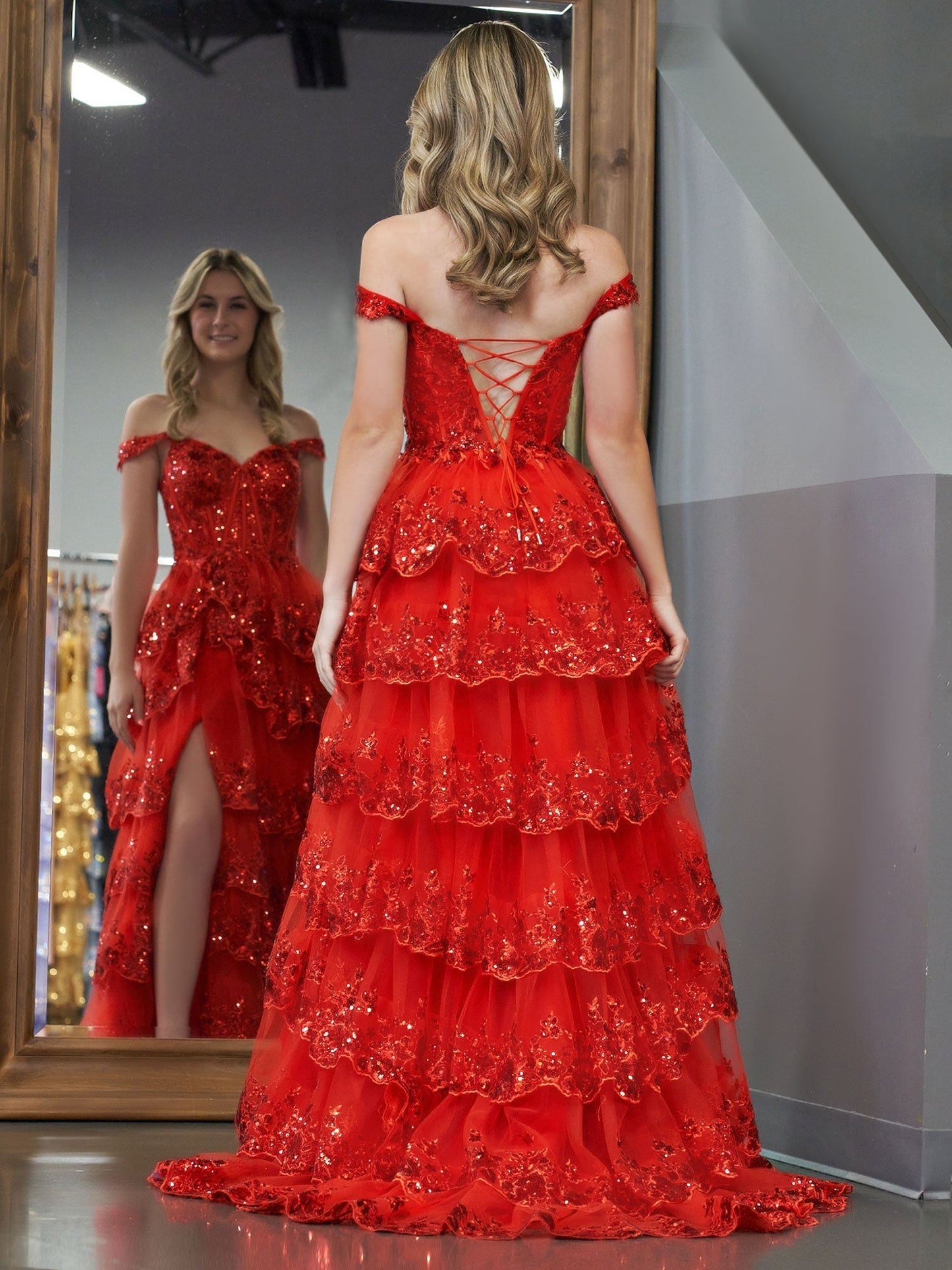 A Line Off the Shoulder Corset Prom Dress with Lace Ruffles