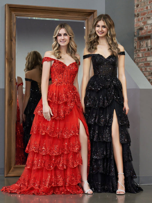 Vestido de fiesta con corsé, hombros descubiertos y volantes de encaje