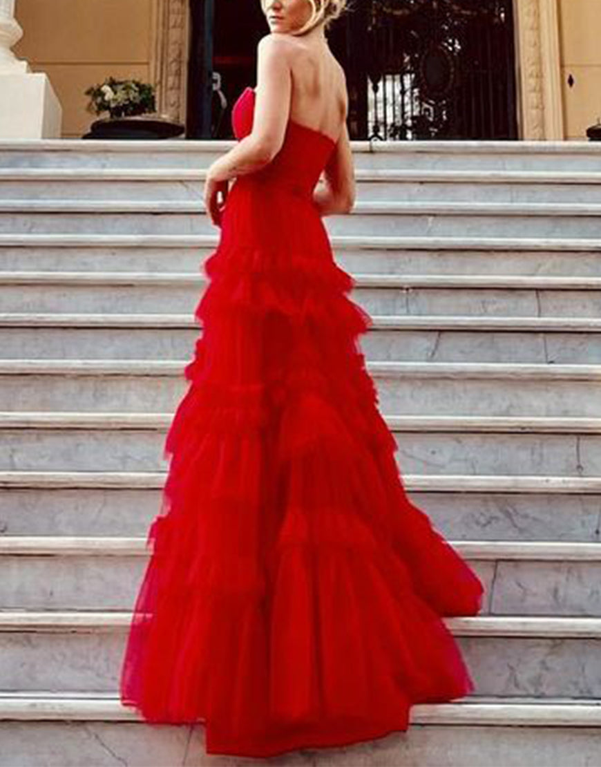 A-Line Strapless Ruffled Tulle Prom Dress