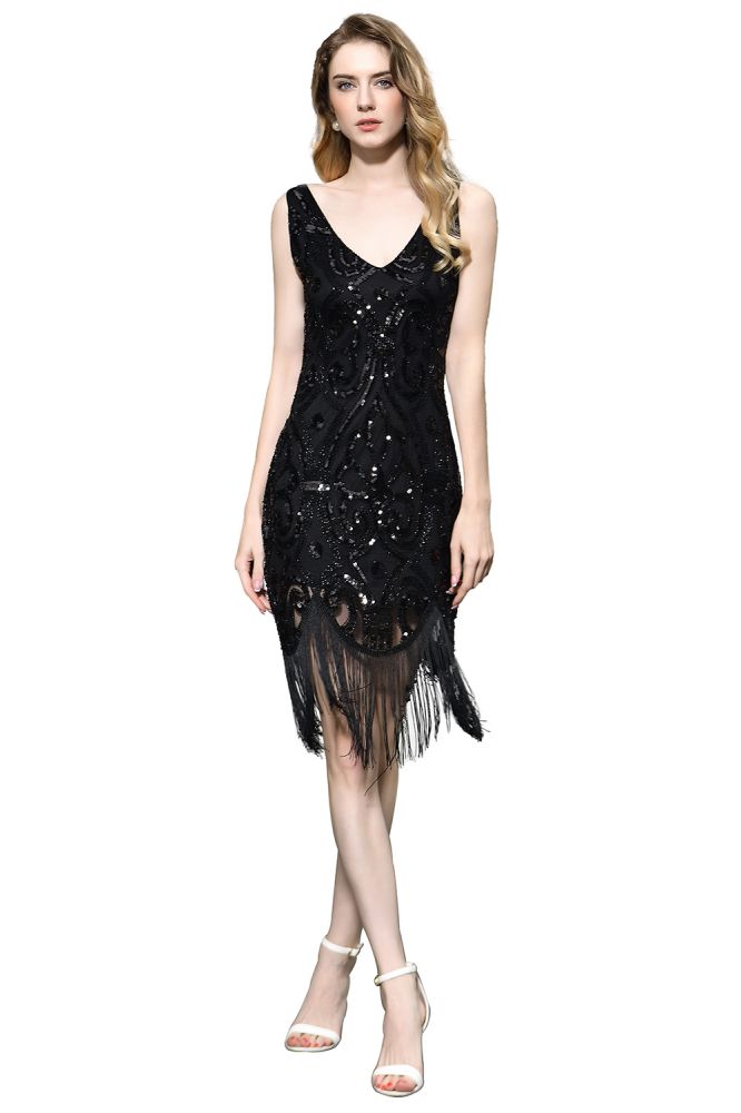 Retro Glitzernde Pailletten Schmales Ballkleid Schwarz V-Ausschnitt Ärmellos Flapper Partykleid