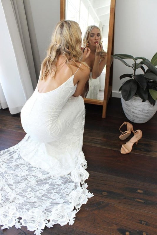 Romantische Boho Deep U Neck Backless Lace Hübsche Meerjungfrau Elegante Brautkleider