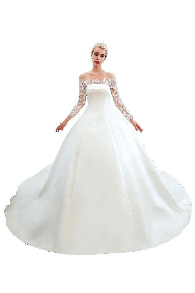 Romantic Lace Princess Satin Wedding Dress| Aline Bridal Gown with Cathedral Train