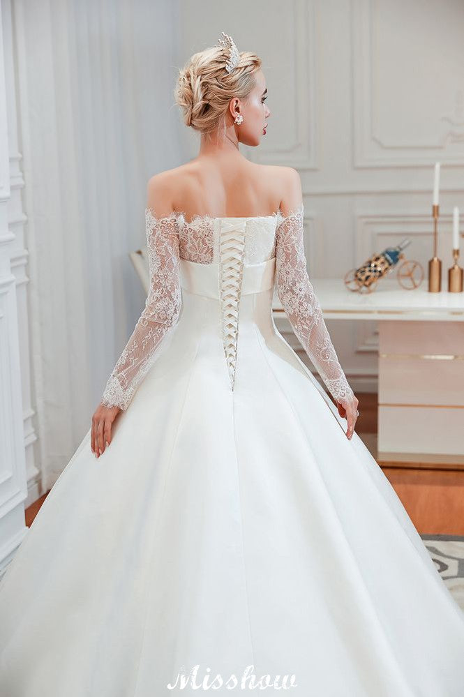 Romantic Lace Princess Satin Wedding Dress| Aline Bridal Gown with Cathedral Train
