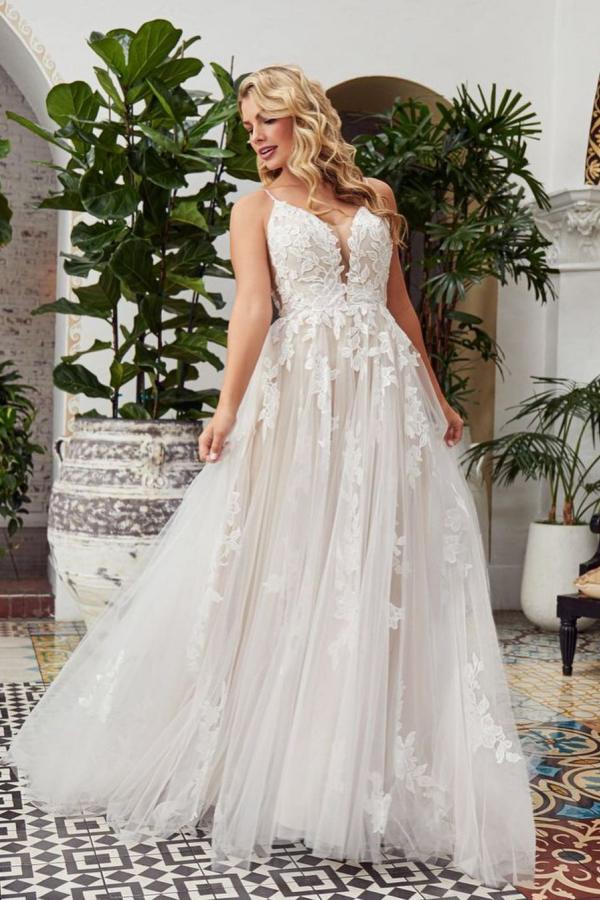 Romantisches langes A-Linien-Brautkleid mit V-Ausschnitt, Spitze, Tüll und offenem Rücken