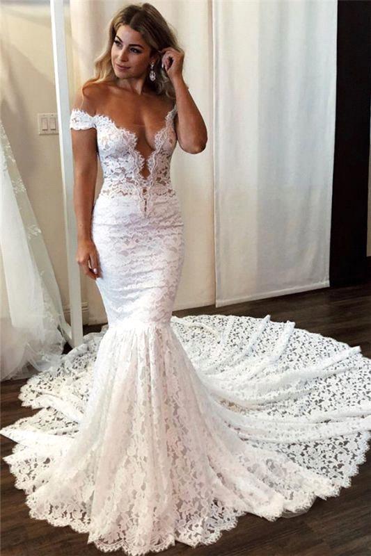 Romantisches langes schulterfreies Meerjungfrau-Brautkleid mit Applikationen und Spitze