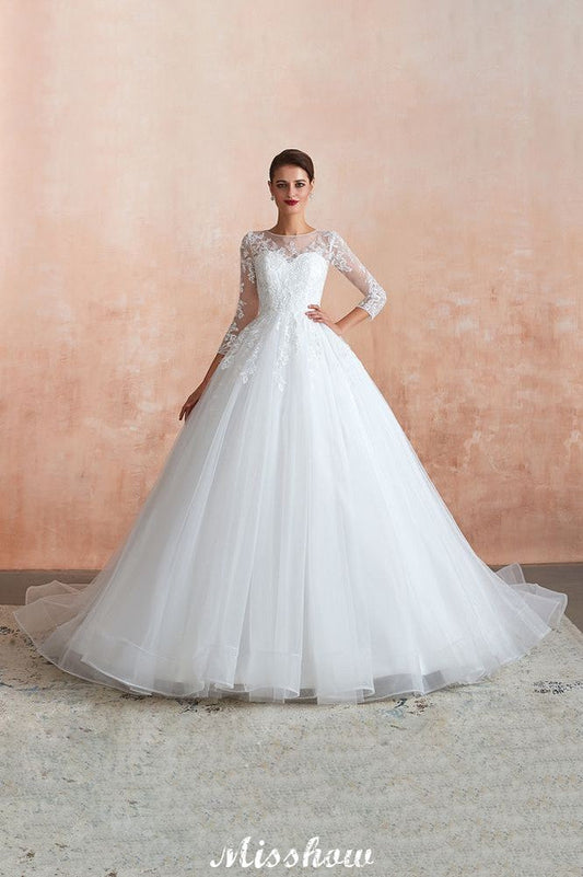 Romantisches Ballkleid mit langen Ärmeln, Spitze, Tüll, vollständig bedeckte Knöpfe, A-Linie, Brautkleid mit Hofschleppe
