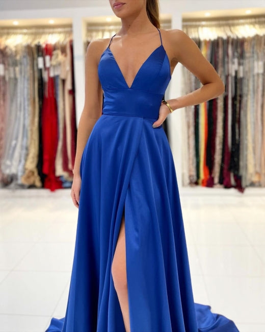 Royal Blue A-line Backless Long Prom Dresses