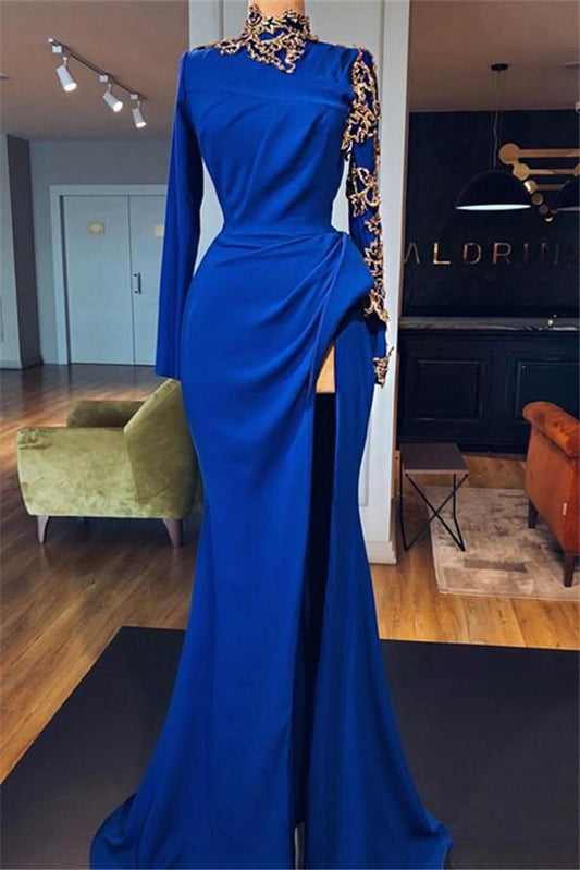 Königsblaues Meerjungfrau-Ballkleid mit hohem Halsausschnitt und Schlitz, elegante Abendkleider mit langen Ärmeln