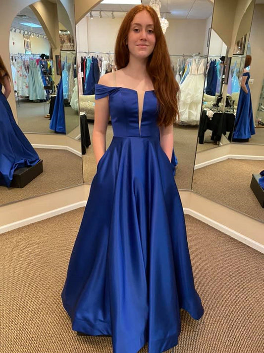 Königsblaues, langes, schulterfreies A-Linien-Ballkleid aus Satin mit Taschen