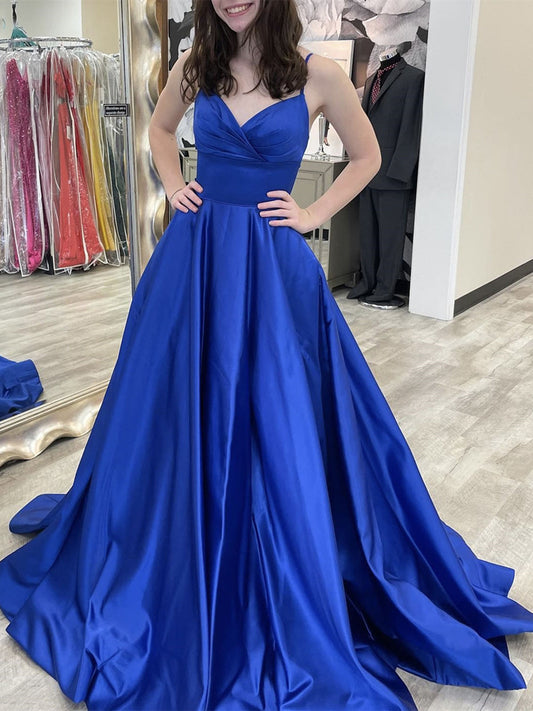 Vestido de fiesta formal azul real largo de satén con escote en V y espalda descubierta