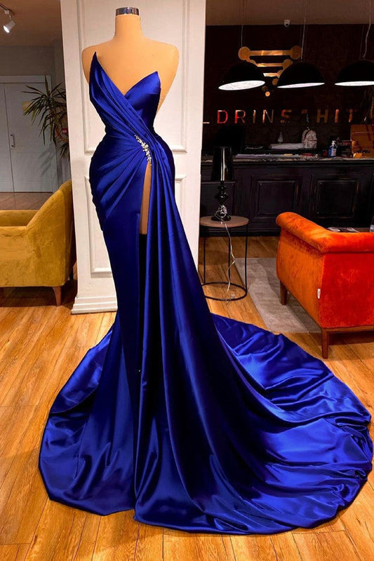 Königsblaues langes Meerjungfrau-Ballkleid mit V-Ausschnitt und Schlitz
