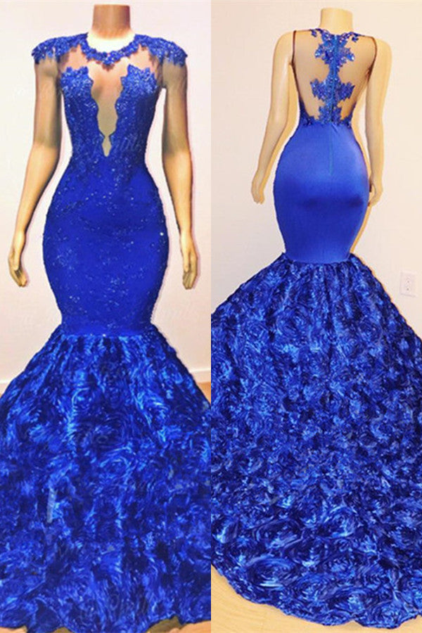 Königsblaues Meerjungfrau Sexy Blumen Ärmelloses transparentes Abendkleid