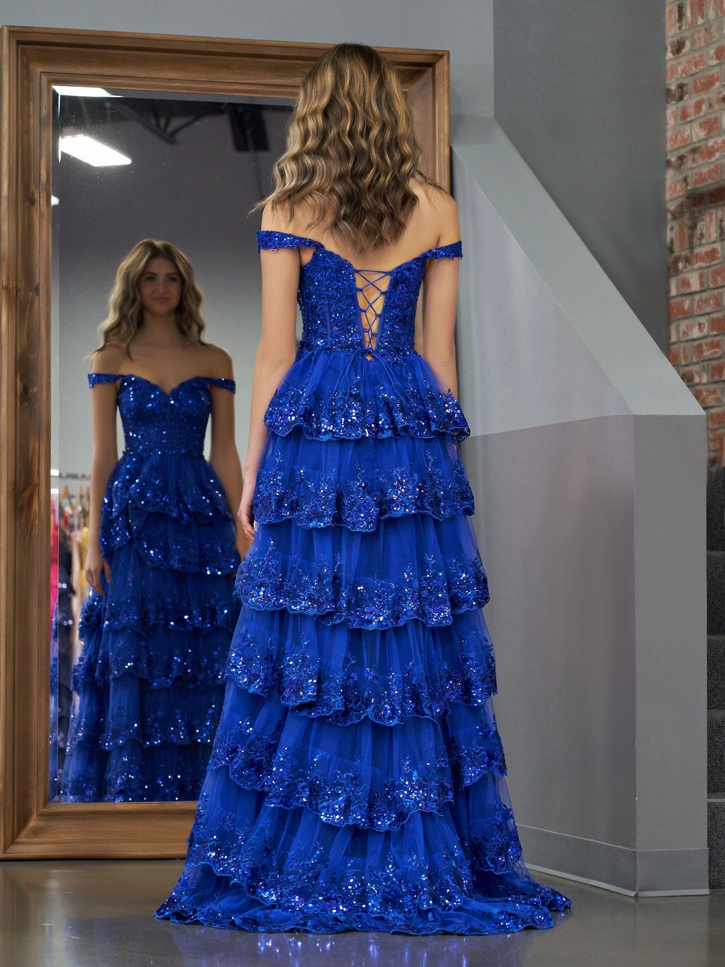 Princess A Line Off the Shoulder Corset Prom Dress with Lace Ruffles