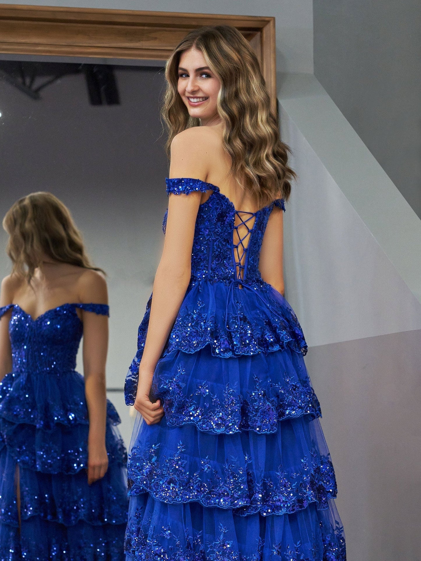 Princess A Line Off the Shoulder Corset Prom Dress with Lace Ruffles