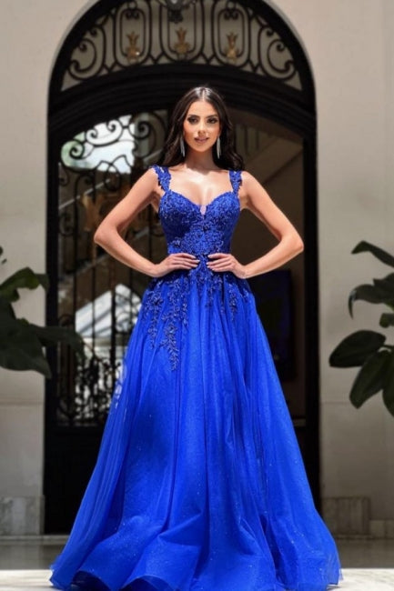 Vestidos de fiesta largos azul real sin mangas, vestidos de noche de encaje de corte A