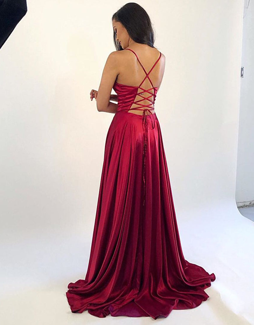 Vestido de fiesta largo de satén rojo oscuro