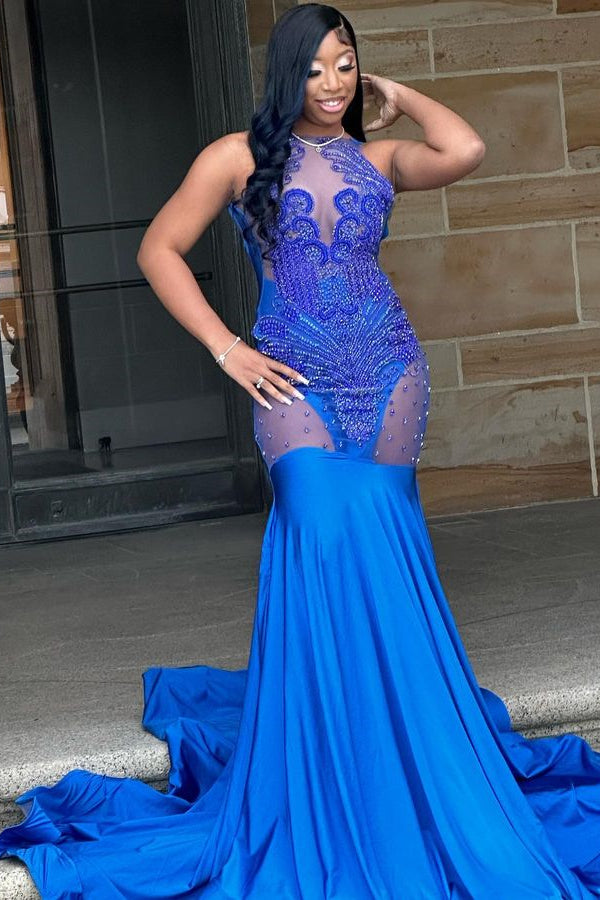Vestido de fiesta de sirena sin mangas de encaje azul real Saxy