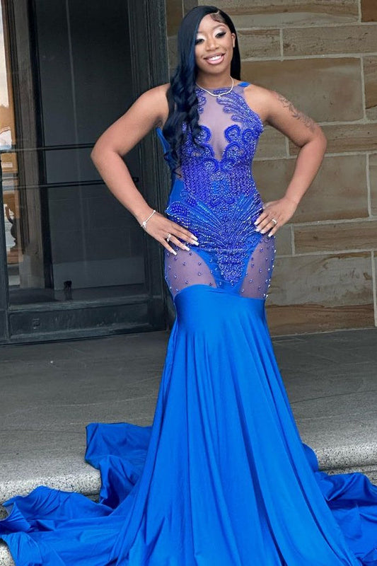 Vestido de fiesta de sirena sin mangas de encaje azul real Saxy