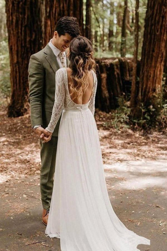 Scoop Long Sleeve Chiffon Wedding Dresses Backless Ivory Bridal Gown