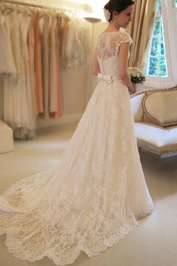A-Linien-Brautkleid mit U-Ausschnitt und kurzen Ärmeln und Spitze