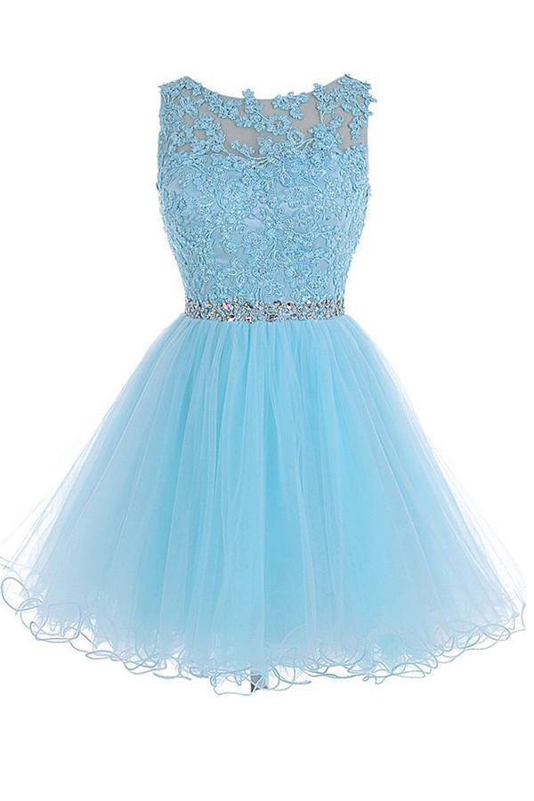 Scoop Short Blue Zipper-up Tulle Homecoming Dress