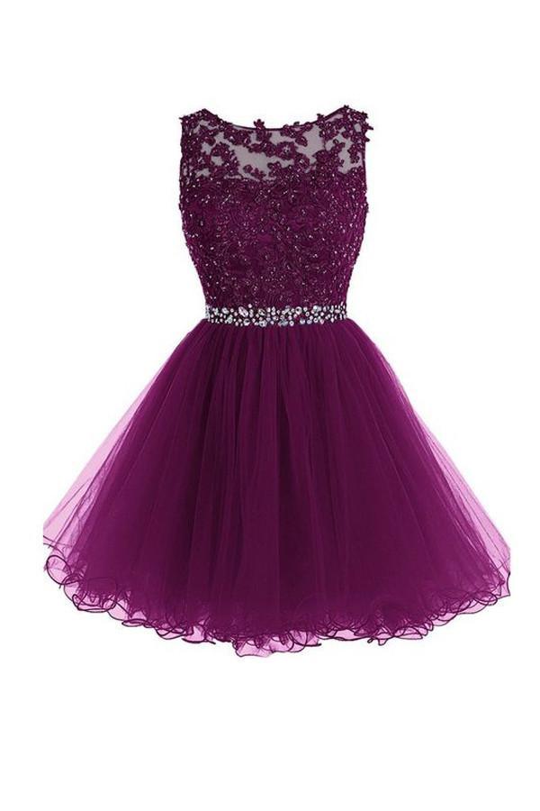 Vestido de fiesta de tul con escote redondo, color uva, cremallera y escote redondo