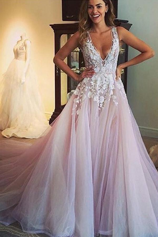 Vestido de novia/vestido de fiesta largo con escote en V y apliques