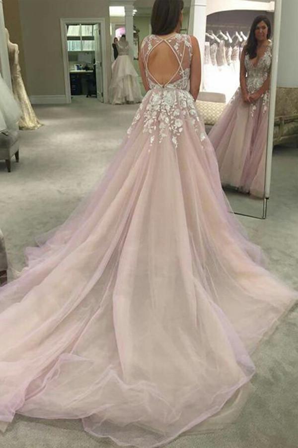 Vestido de novia/vestido de fiesta largo con escote en V y apliques