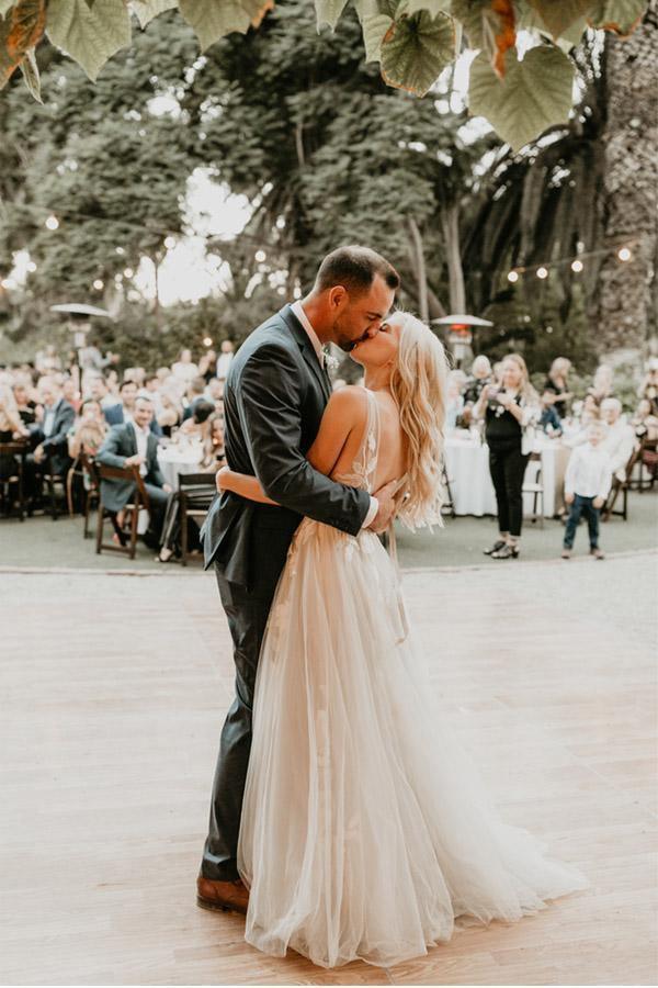 See Through Lace Ivory Tulle V-neck V-back Beach Wedding Dresses
