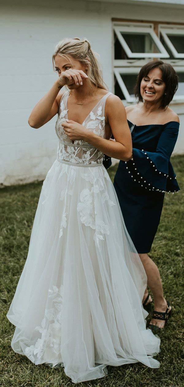 See Through Lace Ivory Tulle V-neck V-back Beach Wedding Dresses