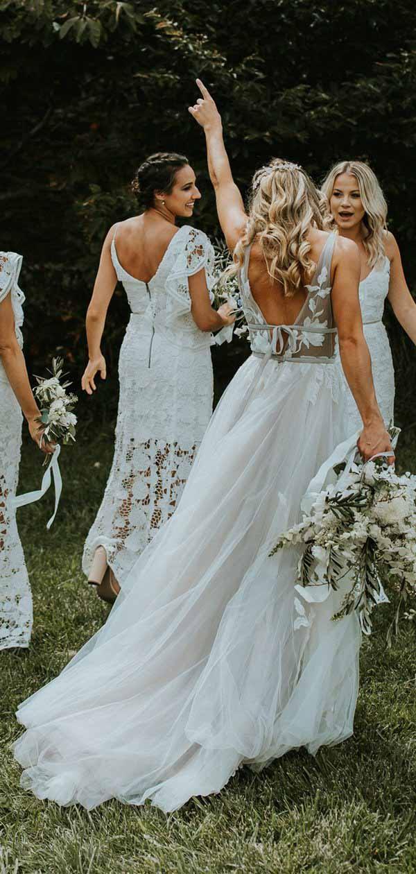 See Through Lace Ivory Tulle V-neck V-back Beach Wedding Dresses