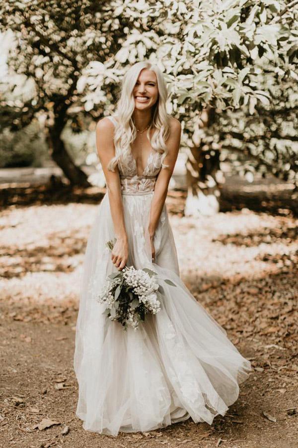 See Through Lace Ivory Tulle V-neck V-back Beach Wedding Dresses