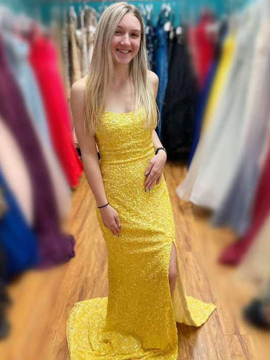 Vestidos de fiesta formales largos sin tirantes, de sirena, con lentejuelas y abertura alta
