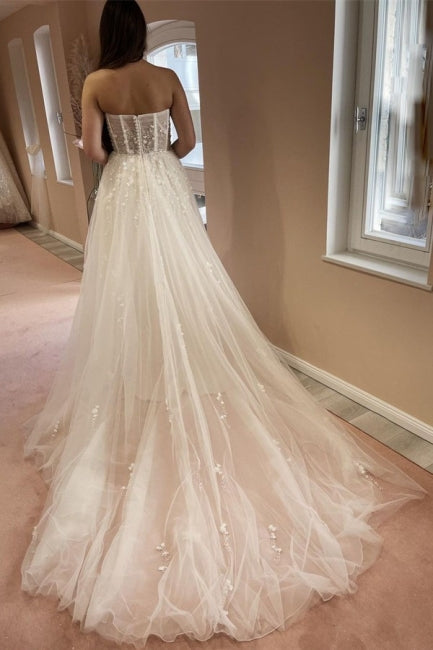Sexy A-Linie Lange Glitzerspitze Ärmellose Brautkleider Mit Schlitz