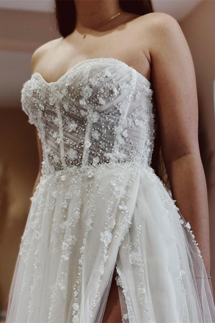 Sexy A-Linie Lange Glitzerspitze Ärmellose Brautkleider Mit Schlitz